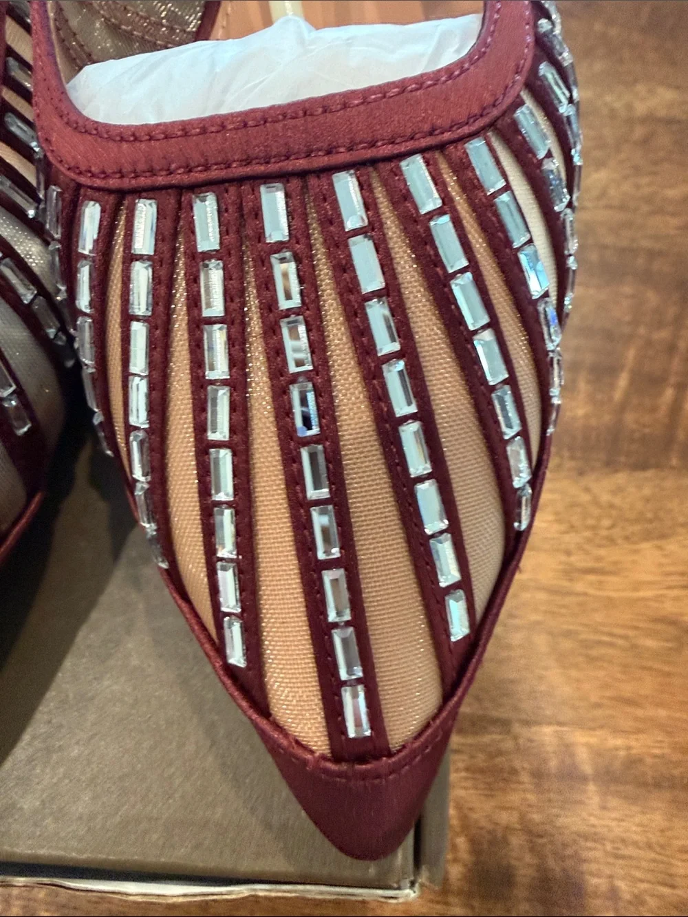 Paolo Burgundy Pointed-Toe Mesh Flats with Bead Stripes